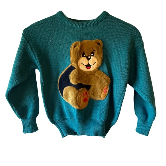 Over Pacific Other - Vintage Kids Over Pacific Teal Teddy Bear Sweater Size 9/10 Fit like 7/8 READ